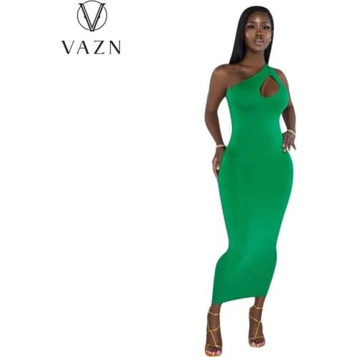 VAZN 2021 New Solid Sexy Joker One Off Shoulder Tank Sleeve Sweet Free Soft Style High Waist Women Pencil Maxi Dress