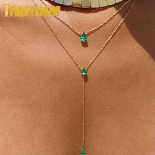 New Green Tear Drop Charm Necklace Gold Silver Color Double Chain Long pendant sexy Choker Statement Collar Women Jewelry