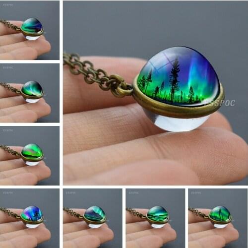 Colorful Northern Lights Necklace Double Sided Glass Ball Pendant Charm Aurora Jewelry Vintage Bronze Chain Necklace Men Women