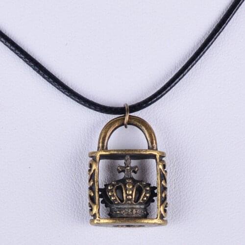 24*17MM Vintage bronze antique metal crown lock pendant necklace women wax cord rope necklace jewelry fashion alloy jewellery