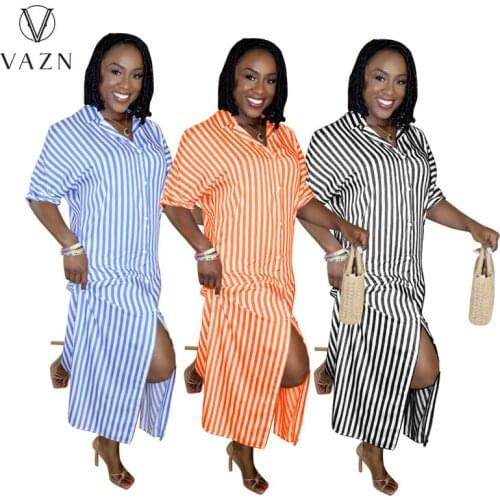 VAZN 2021 INS Striped Maxi Dress Short Sleeve Loose Straight Mature Fashion Deep V-Neck Fashion Vestidos For Female