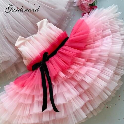 Puffy Gradient Pink Flower Girl Dress Tulle Layers Sashes Girl Pageant Dresses Unicorn Ball Gown Girl Birthday Dress New Year