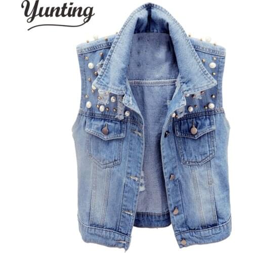 Plus Size Jean Vest Winter Spring Cowboy Top Sleeveless Pockets Overcoat Denim Jackets Women Beading Outwear Female Waistcoat