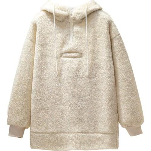 PERHAPS U Red Beige Brown Hooded Pocket Loose Hoodies Loose Pullover Solid Fleece Faux Fur Lambwool H0112