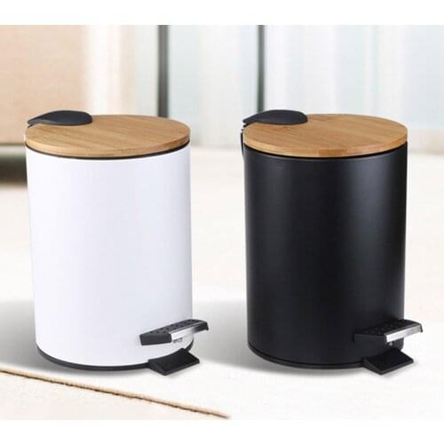 3/5L Wooden Flip Step Trash Can Trash Can With Lid Pedal Dustbin Hotel Storage Bucket For Home Bathroom Kitchen Office