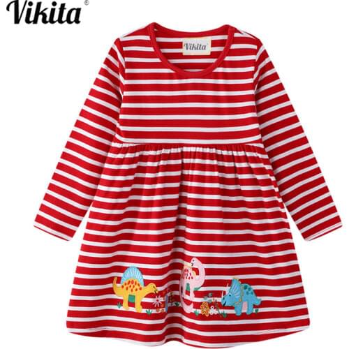 VIKITA Girl Dress with Animal Appliqued Girl Striped Cotton Vestidos Kids Unicorn Party Dresses for Girls Clothes Casual Dress