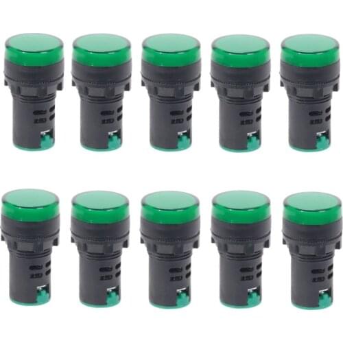 10Pcs Green Button 22mm Panel Mount LED Power Indicator Pilot Signal Light Lamp AD16-22 12V 24V 110V 220V
