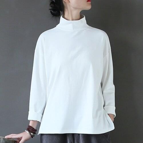 Girls Minimalism White Black Tshirt High Neck Cotton Loose Stretch T-shirt Women Long Sleeve T Shirt Casual Turtleneck Tee Shirt
