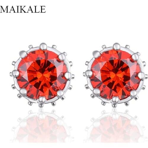 MAIKALE Charm Small Crown Stud Earrings Colorful Cubic Zirconia Beads Round Gold Earings for Women Fashion Jewelry Gifts
