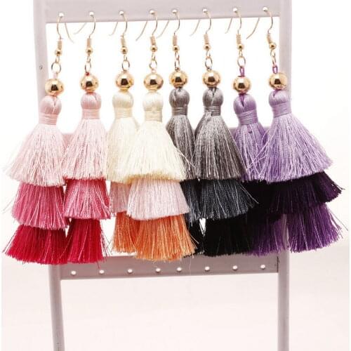 ZWPON 2020 Bohemian Three Layered Cotton Thread Fringe Tassel Earrings for Women Fashion Female Jewelry Wholesale