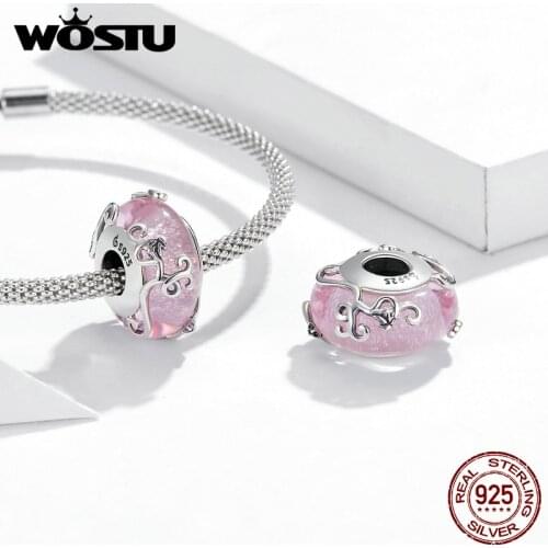 WOSTU New Bead 925 Sterling Silver Vine Glazed Patterns Pink Charms fit Women DIY Silver Bracelets Accessories Jewelry DAC409