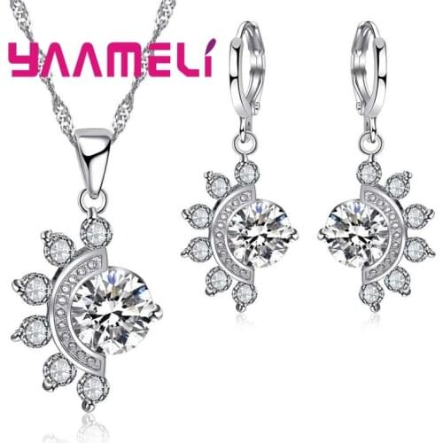 New Arrival Carat Cubic Zirconia Flower Design 925 Sterling Silver Jewelry Sets for Women Necklace Pendant Hoop Earrings