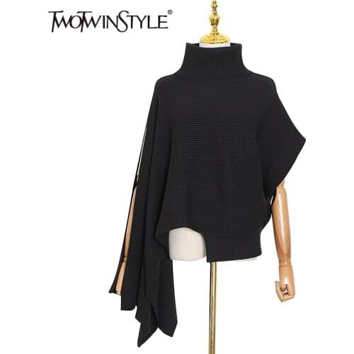 TWOTWINSTYLE Asymmetrical Casual Women Sweater Turtleneck Irregular Sleeve Loose Oversized Pullovers Female 2020 Fall New Style