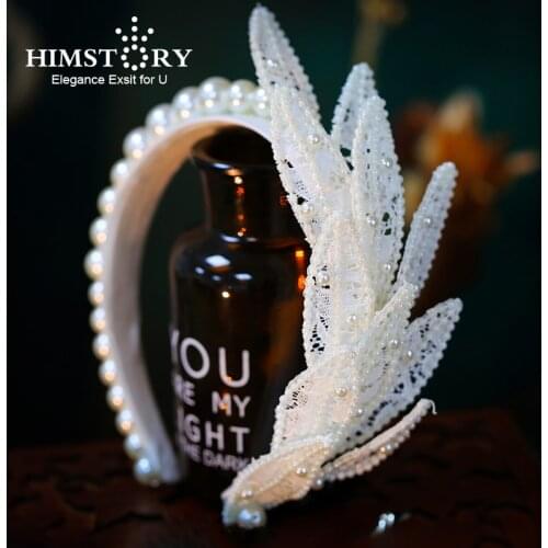 Himstory Women Wedding Handmade Beading Headband Bridal Imitation Pearl Hairband Feather Shape Headdress Hair Accessories