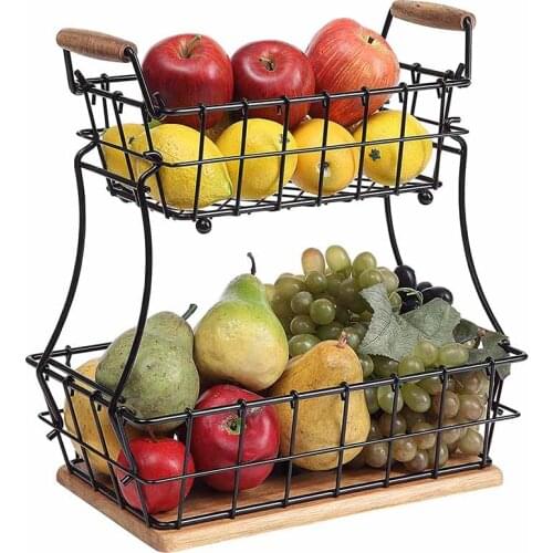 2-Tier Rectangle Countertop Fruit, Bread Wire Basket Bread, Vegetables and Fruits Storage Basket (Black, Metal + Wood Base)