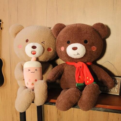 75/100cm Kawaii Teddy Bear with Scarf Plush Toys Lovely Bears Holding Bubble Tea Cup Dolls Stuffed for Baby Kids Birthday Gifts