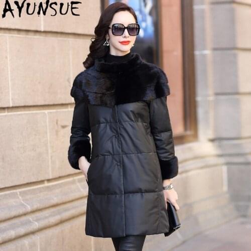 AYUNSUE 2020 Winter Coat Women Leather Jacket Real Mink Fur Collar Down Jacket Women Genuine Sheepskin Coat Long Jackets MY4456
