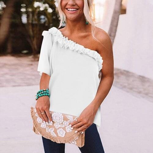 Fashion Woman Blouses 2021 Summer Casual One Shoulder Ruffles Irregular Female Tunic Chiffon Short Sleeve Women-Clothing Tops