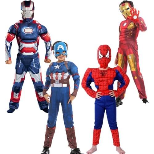 Iron Man Captain America Spiderman Muscle Children Children Halloween Costume Fantasia Superhero Cosplay Costume with Mask
