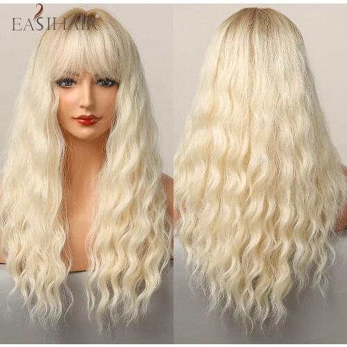 EASIHAIR Long Light Platinum Blonde Wigs with Bangs Brown Roots Synthetic Wavy Wigs for Women Heat Resistant Natural Faker Hair