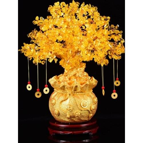 Money Tree Bonsai Style Natural Feng Shui Gold Crystal Lucky Tree Wealth Fortune Money Bag Craft Decoration Home Office dropship