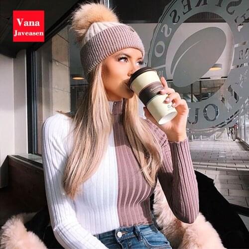 Patchwork Knitted Crop Tops Womens Turtleneck Sweaters Pullovers Autumn Knitting Clothes Skinny Sexy Cropped Ladies Sweater