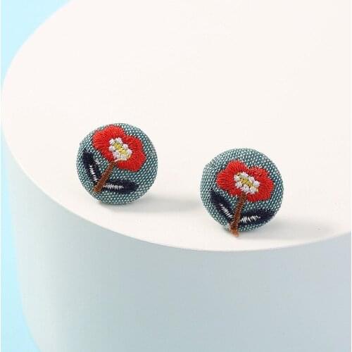 Minar Cute Red Flower Printed Cloth Earring for Women Female Round Button Geometric Small Stud Earrings Statement Party Jewelry