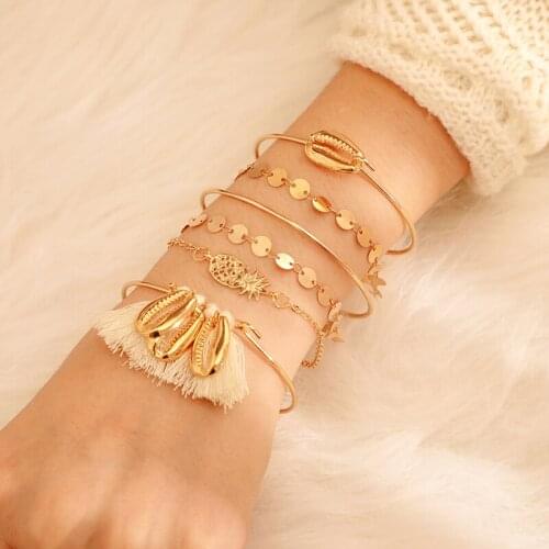 Docona Boho Shell Pineapple Tassel Multilayer Bracelet Set for Women Cowrie Wafer Opening Bracelet Set Boho Jewelry 8196