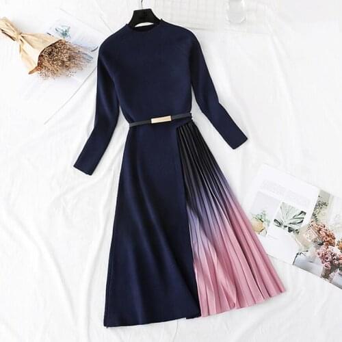 Autumn Winter fashion Knitted Dress women 2020 Female Slim Warm O-neck Patchwork Pleated Sweater Dress belt Midi Vestidos