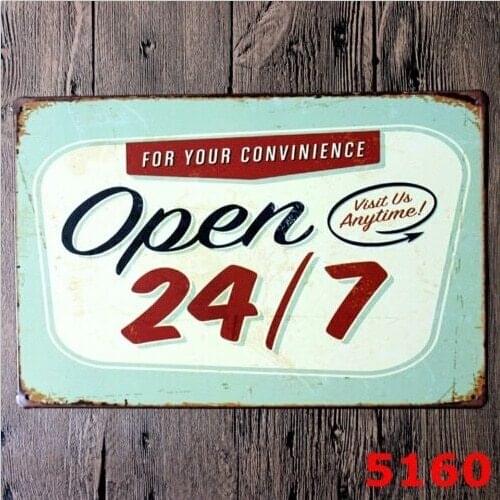 Open 24/7 Tin Sign Bar Cafe Diner Garage Pub Wall Decor Retro Metal Art Poster 20x30CM