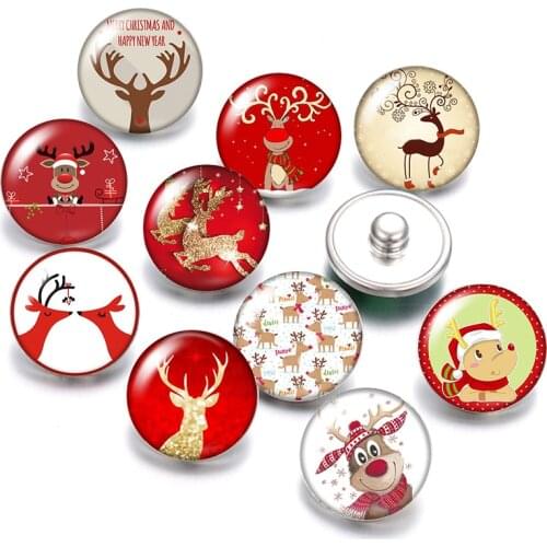 DB0586 Christmas Elk Christmas Gift 18mm snap buttons 10pcs mixed round photo glass cabochon style for snap button jewelry