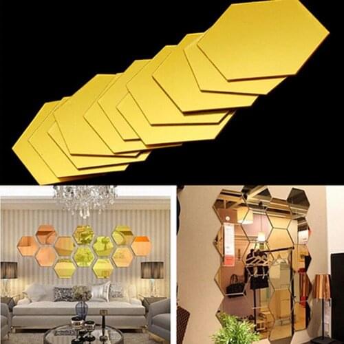 12Pcs Hexagonal Self Adhesive Mirror Effect Wall Sticker Living Room Decal Decor Bedroom Dinning Hall Sofa TV Backdrop Stickers