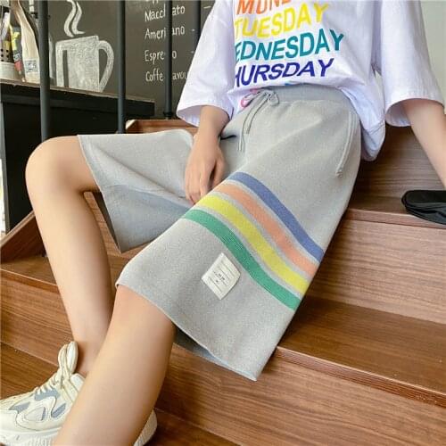Rainbow Stripes Shorts High Waist Joggers For Women Shorts Drawstring 2021 Summer Wide Leg Loose Shorts Gray Black Sport Running