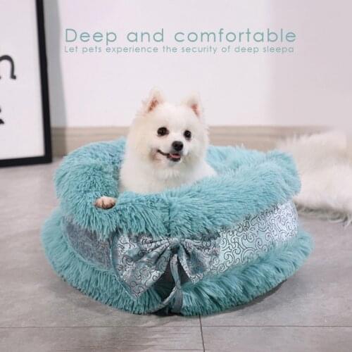 Pet Dog Warm Bed Autumn Winter Luxury Bowknot Fluffy Cat Cute Beds House Soft Long Plush Bed Dog Basket Animals Sleeping Bed