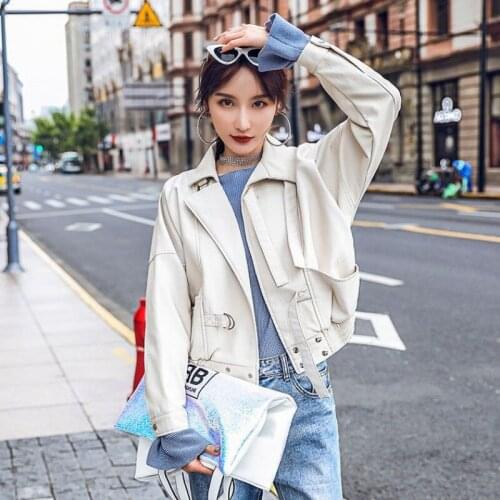 2021 Spring WomenS Leather Short Coat Korean Loose New Leather Clothes WomenS Leather Jacket Motorcycle Clothing Oversize Coat