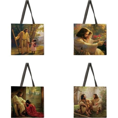 Ladies Fashion Shopping Bag Linen Reusable Tote Bag Jesus Printed Shoulder Bag Outdoor Beach Bag Casual Tote Bag
