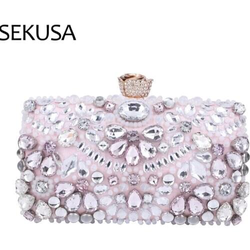 Beaded Diamonds Women Evening Bags Flower Metal Golden Clutch Chain Shoulder Handbags One Side Rhinestones Party Purse
