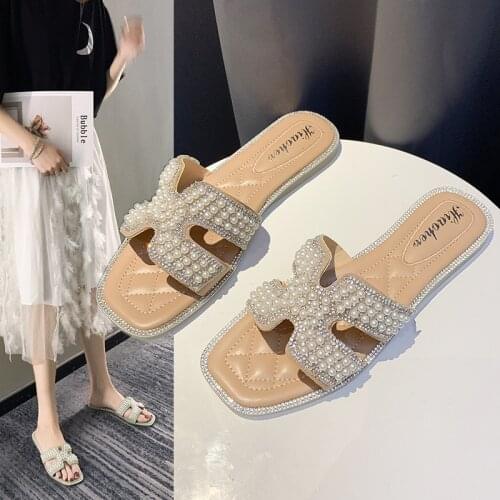 Womens Slippers Summer New Style Outer Wear Pearl Rhinestone Decoration Flat Slippers Lazy Sandals