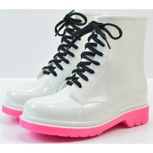 2021Martin Rain Boots Fashion Ladies Flat-heel Solid Color Rain Boots Water Shoes Lace-up Warmth Mid-Calf Rain Boots Platform Sh