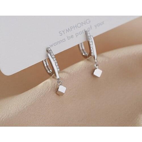 Real 925 Sterling Silver Crystal Geometric Bead Charm Hoop Earrings For Women Wedding Party Jewelry Pendientes Accessories