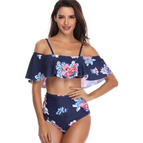 Hot Sexy Bikini 2019 High Waist Swimwear Women Striped Biquini Ruffled Bathing Suit Floral Off Shoulder Swimsuit Vintage Bikinis