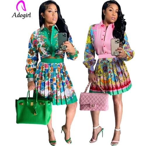 Floral Print Women Skirt Set Office Lady Button Up Shirts High Waist Pleated Skirt Elegant 2021 Summer Fall Workout 2 Piece Set