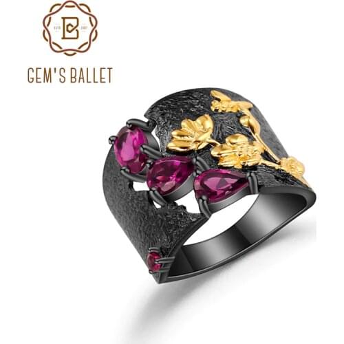 GEMS BALLET Natural Rhodolite Garnet Rings 925 Sterling Silver Handmade Humming Bee Flower Floral Garden Band Ring For Women