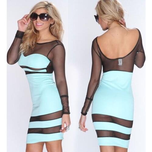 Wonder Beauty Patchwork Transparnt Mesh Dress Women Skinny Sexy Mini Vestidos Summer Backless Nightclub Bodycon Party Dresses