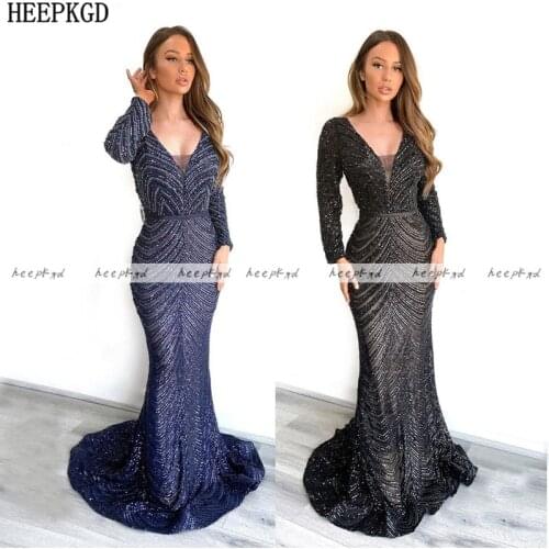 Long Sleeve Black Evening Dress Mermaid Sequin Formal Dresses Plus Size Arabic Women Prom Party Gowns Robe De Soiree Cheap