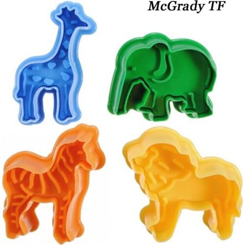 4pcs/set Wild Jungle Animals Plunger Set Fondant Cake Spring Plunger Cutter Cookie Mold Kitchen Moulds Baking Accessories