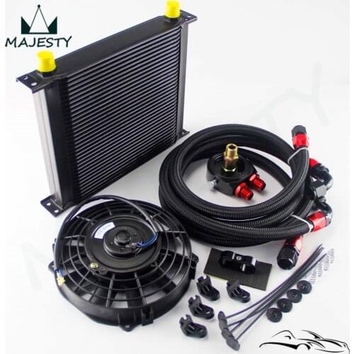 AN10 Universal 34 Row ENGINE Oil Cooler + FILTER ADAPTER +7" Electric Fan Kit BK