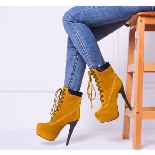 Platform Stiletto Heels Lace Up Ankle Boots Women Fall Short Boots Round Toe Nubuck Balanced Shoes Stylish Solid Winter Shoes