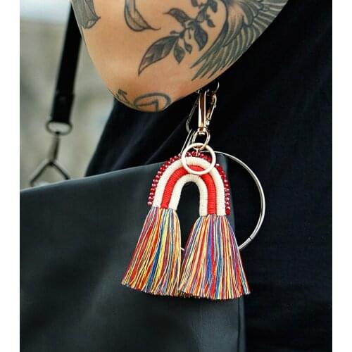 Rainbow tassel bead Key chain Hand-woven Pendant Jewelry Colourful 2020 Winter New Fashion Woman Keychain for Bags Accessory