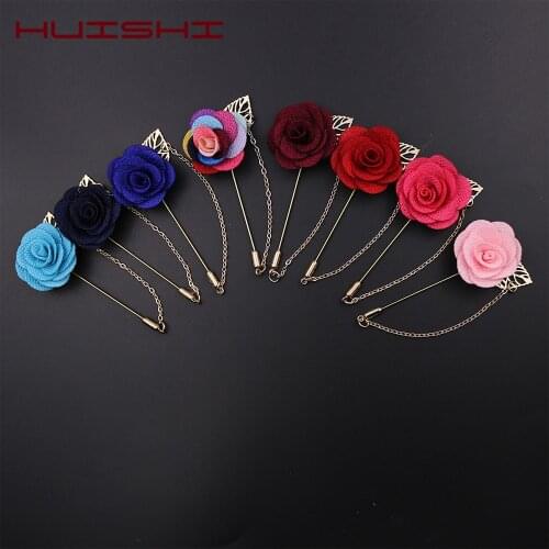 HUISHI Flower Pin Men Fashion Male Suits Gold Leaves Rose Camellia Brooches Corsage Collar Flowers Needle Chain Handmade Lapel